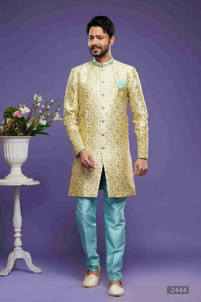 Raivat Ethnic Banarasi Jacquard Embroidery Semi Indo Western Sherwani In Gold Colour