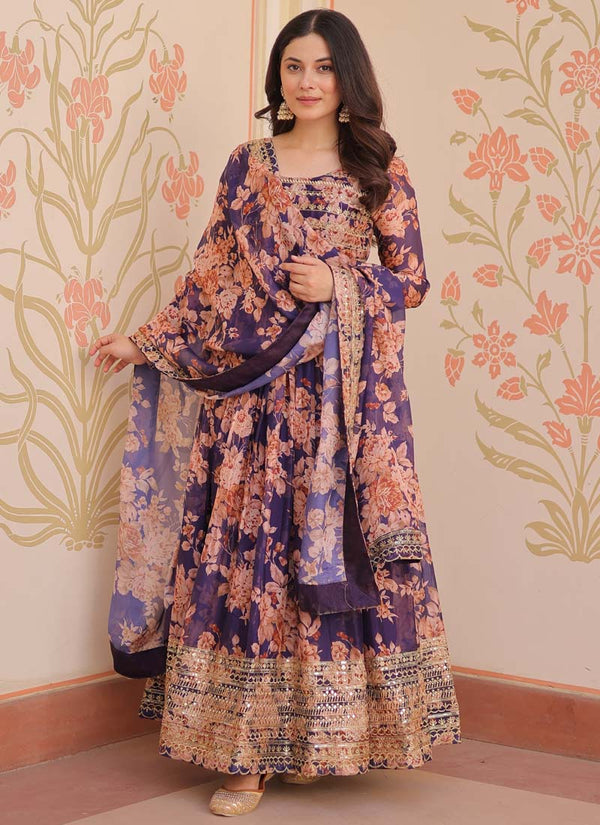 Prazu Fashion Purple Russian Silk Embroidered Gown With Dupatta