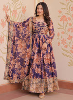 Thumbnail for Prazu Fashion Purple Russian Silk Embroidered Gown With Dupatta