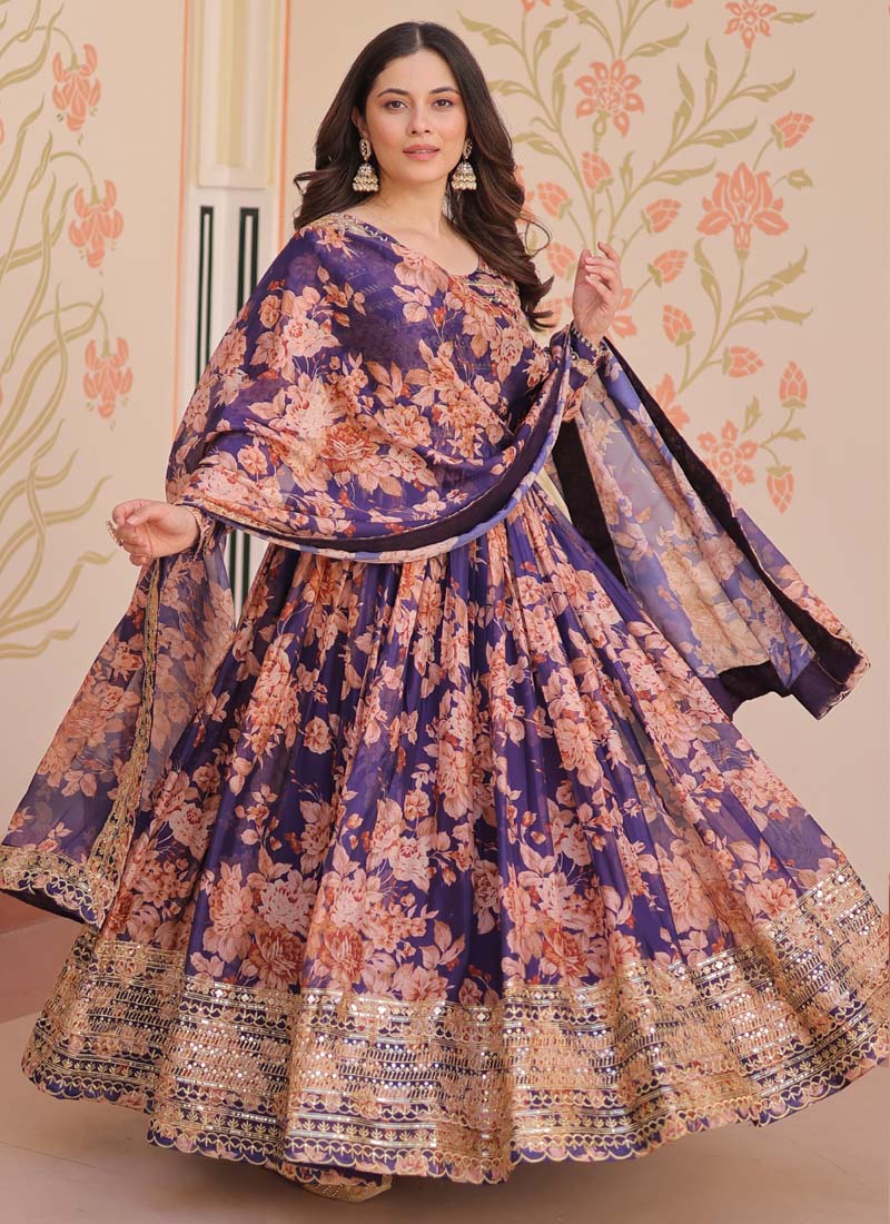 Prazu Fashion Purple Russian Silk Embroidered Gown With Dupatta