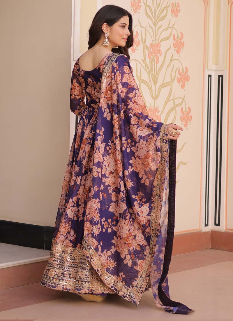 Prazu Fashion Purple Russian Silk Embroidered Gown With Dupatta