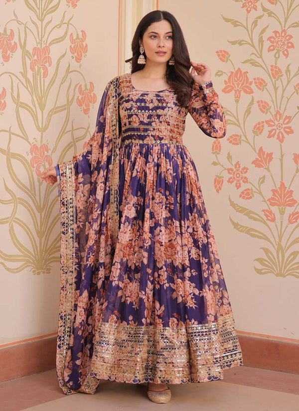 Prazu Fashion Purple Russian Silk Embroidered Gown With Dupatta