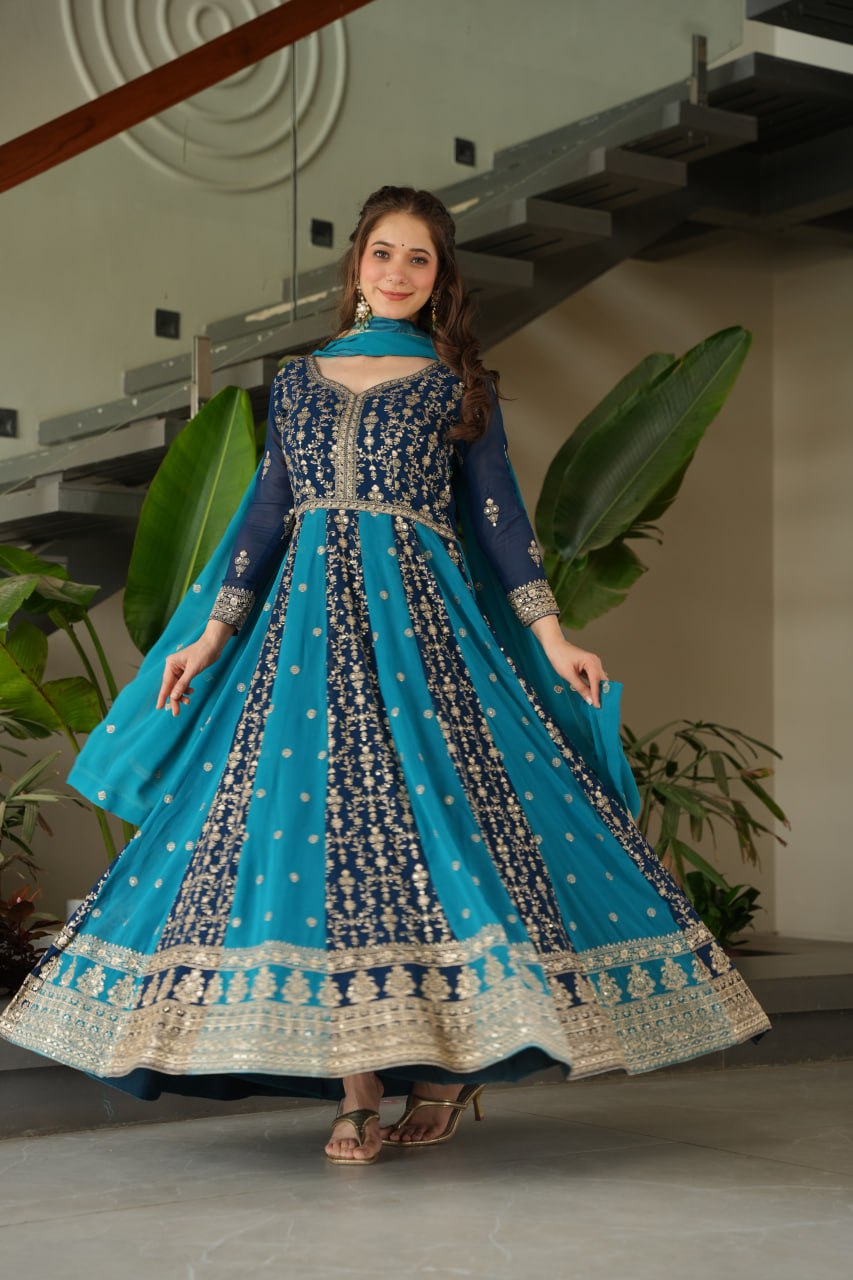 Prazu Fashion Blue Georgette With Zari & Sequins Gown