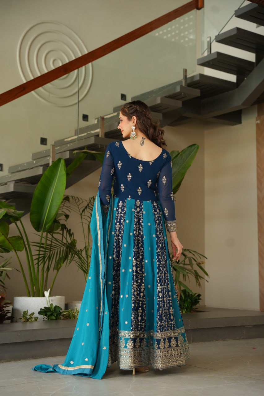 Prazu Fashion Blue Georgette With Zari & Sequins Gown