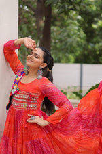 Thumbnail for Prazu Fashion Red Georgette Leheriya & Bandhej Print With Kutchi Work Navratri Gown