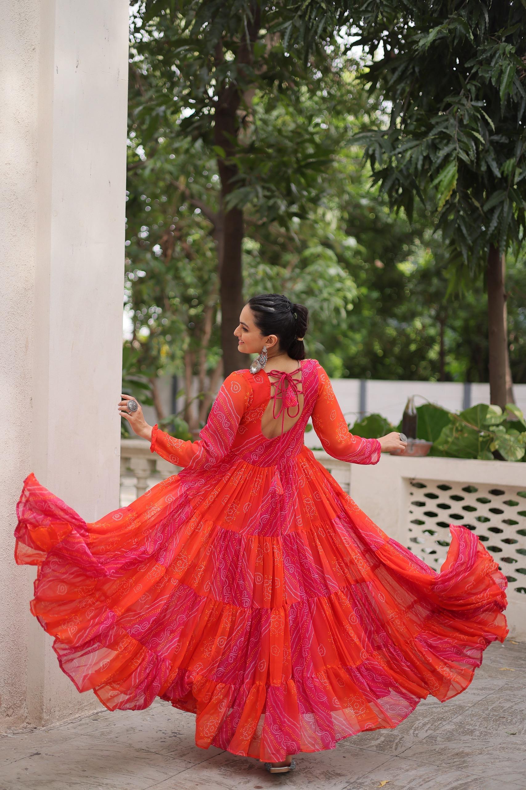 Prazu Fashion Red Georgette Leheriya & Bandhej Print With Kutchi Work Navratri Gown
