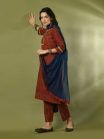 Thumbnail for Myshka Women's Rust Printed Cotton Straight Party Kurta Set With Dupatta - Distacart
