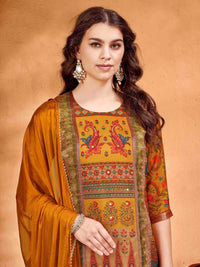 Thumbnail for Anouk Ethnic Motifs Printed Mirror Work Pure Silk Straight Kurta with Trousers & Dupatta