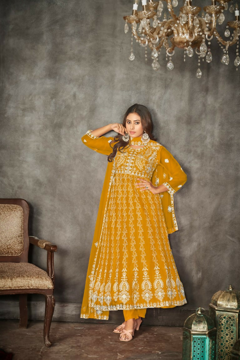 Jyoti Fashion Women's Yellow Net Embroidered Anarkali Kurta Pant Set With Dupatta