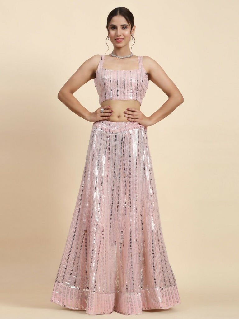 Aastha Fashion Women's Pink Faux Georgette Sequins With Jari And Thread Embroidery Work Lehenga Choli