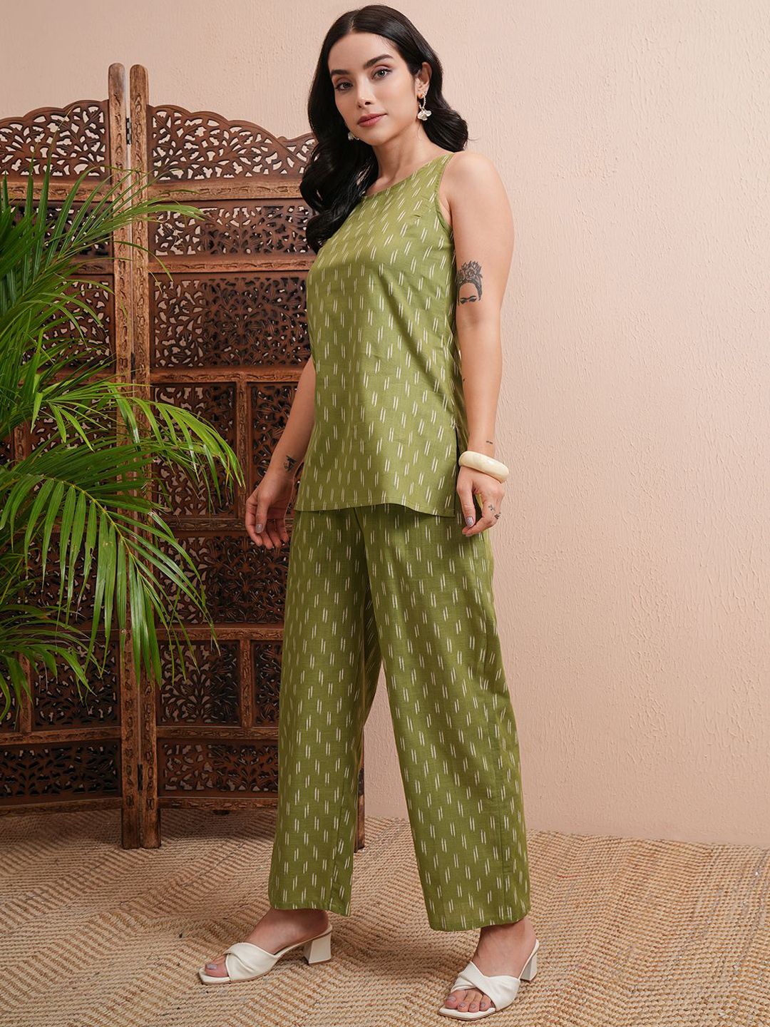 Vishudh Women Ethnic Motifs Embroidered Regular Pure Cotton Top with Palazzos - Distacart