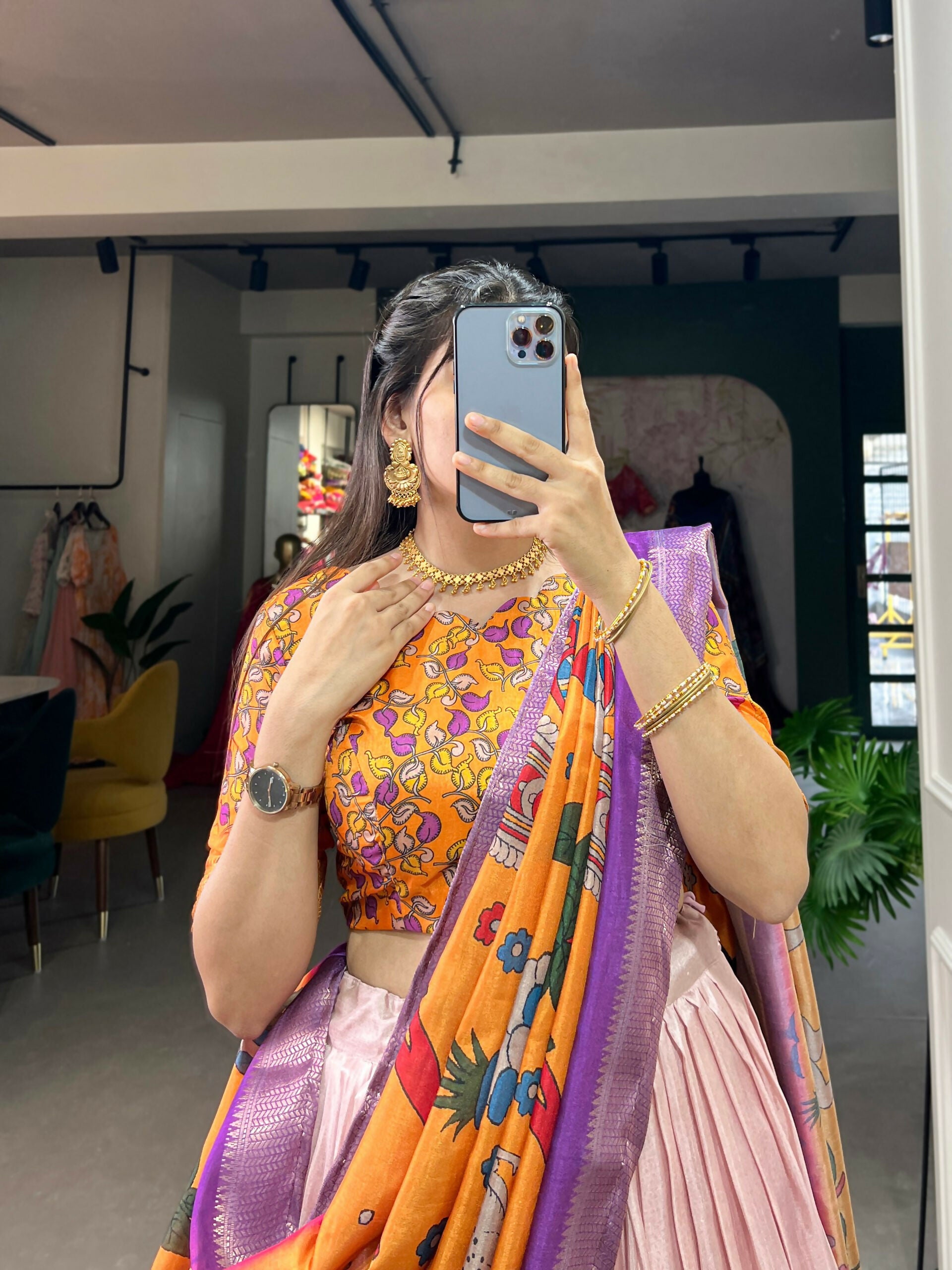 Vastranavya Kalamkari Print With Weaving Border Lehenga with Unstitched Blouse - Purple - Distacart