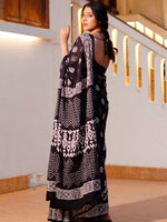 Thumbnail for Zibaa Hand-Blocked Pure Mul Cotton Black Saree