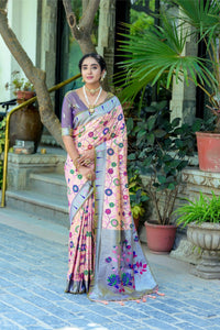 Thumbnail for Aastha Fashion Peach Woven Kanjivaram Silk Saree with Blouse - Distacart