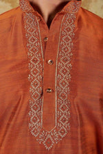 Thumbnail for Bluesaanchi Men's Handloom Embroidered Tawny Kurta Set - Distacart