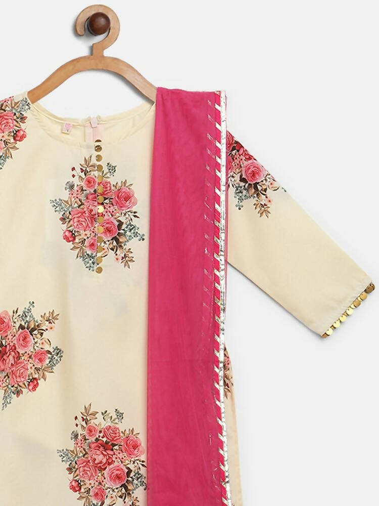 Ahalyaa Beige Crepe Floral Printed Kids Kurta Palazzo Set With Dupatta For Girls - Distacart