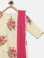 Thumbnail for Ahalyaa Beige Crepe Floral Printed Kids Kurta Palazzo Set With Dupatta For Girls - Distacart