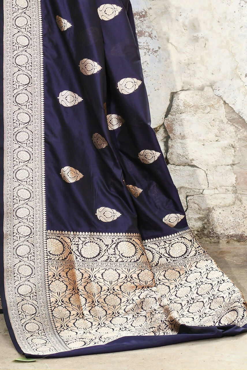 Joban Fashion Navy Blue Pure Katan Pure Handloom Banarasi Silk Saree