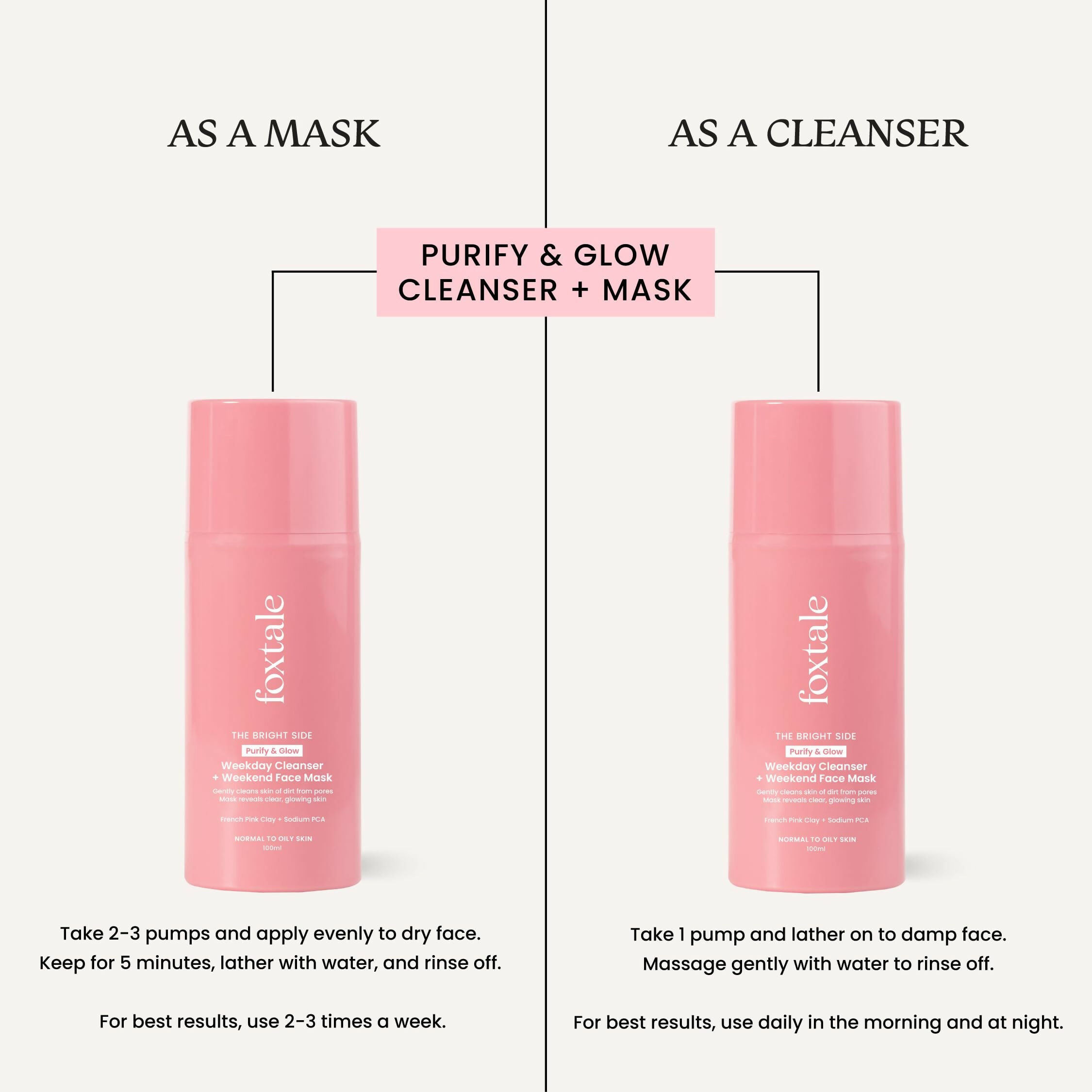 Foxtale Purify & Glow Cleanser + Mask With French Pink Clay & Sodium - Distacart