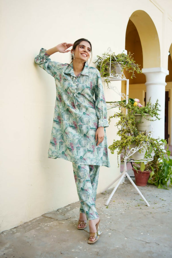 Vaasva Women Mint Muslin Printed Shirt & Pant Set - Distacart