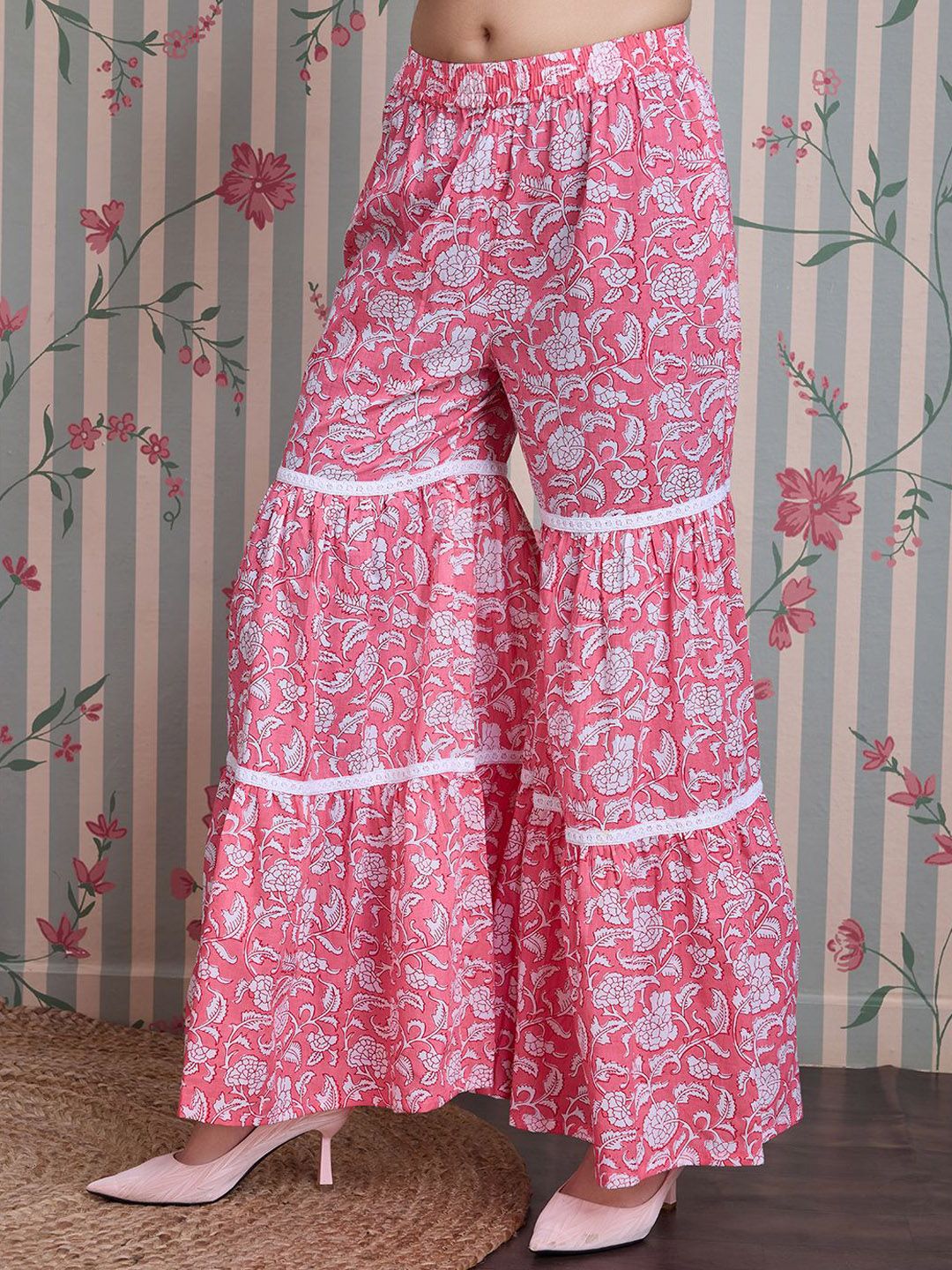 Ode by House of Pataudi Floral Printed Pure Cotton Straight Kurti with Sharara & Dupatta - Distacart