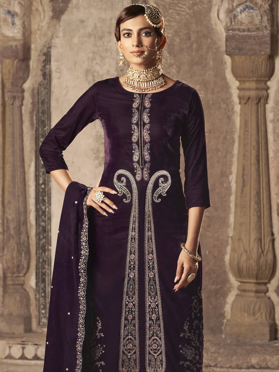 Aastha Fashion Women's Wine Velvet Floral Resham Thread with Jari work Kurta with Trouser & Dupatta - Distacart