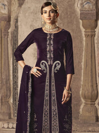 Thumbnail for Aastha Fashion Women's Wine Velvet Floral Resham Thread with Jari work Kurta with Trouser & Dupatta - Distacart
