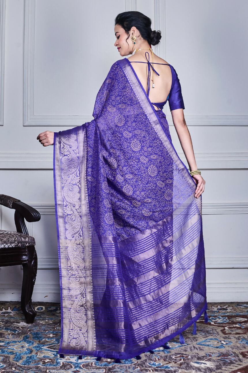 Morchari Dark Blue Script Printed Orzanga Saree Unstitched Blouse