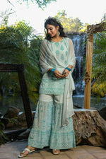 Thumbnail for Juniper Blue Ethnic Motif Printed Georgette Kurta Sharara & Chiffon Dupatta Set - Distacart