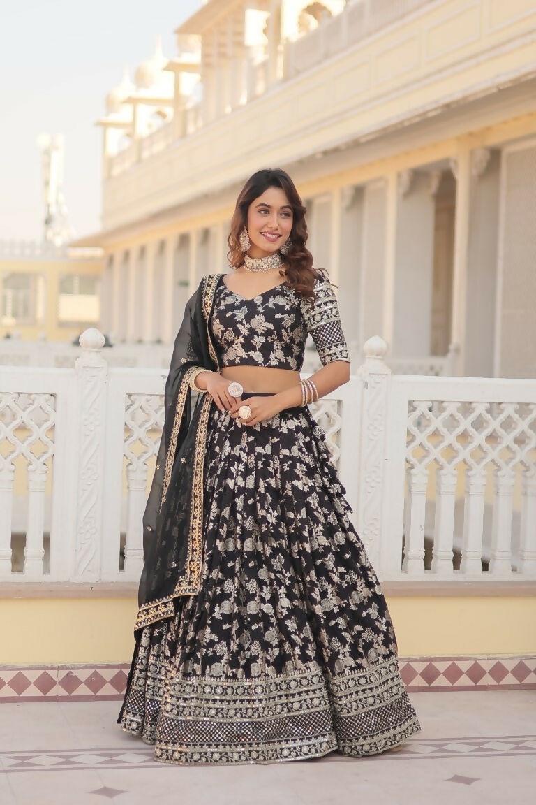 Vastranavya Designer Dyeable Pure Viscose Jacquard Fabric Lehenga Choli & Dupatta Set - Black - Distacart