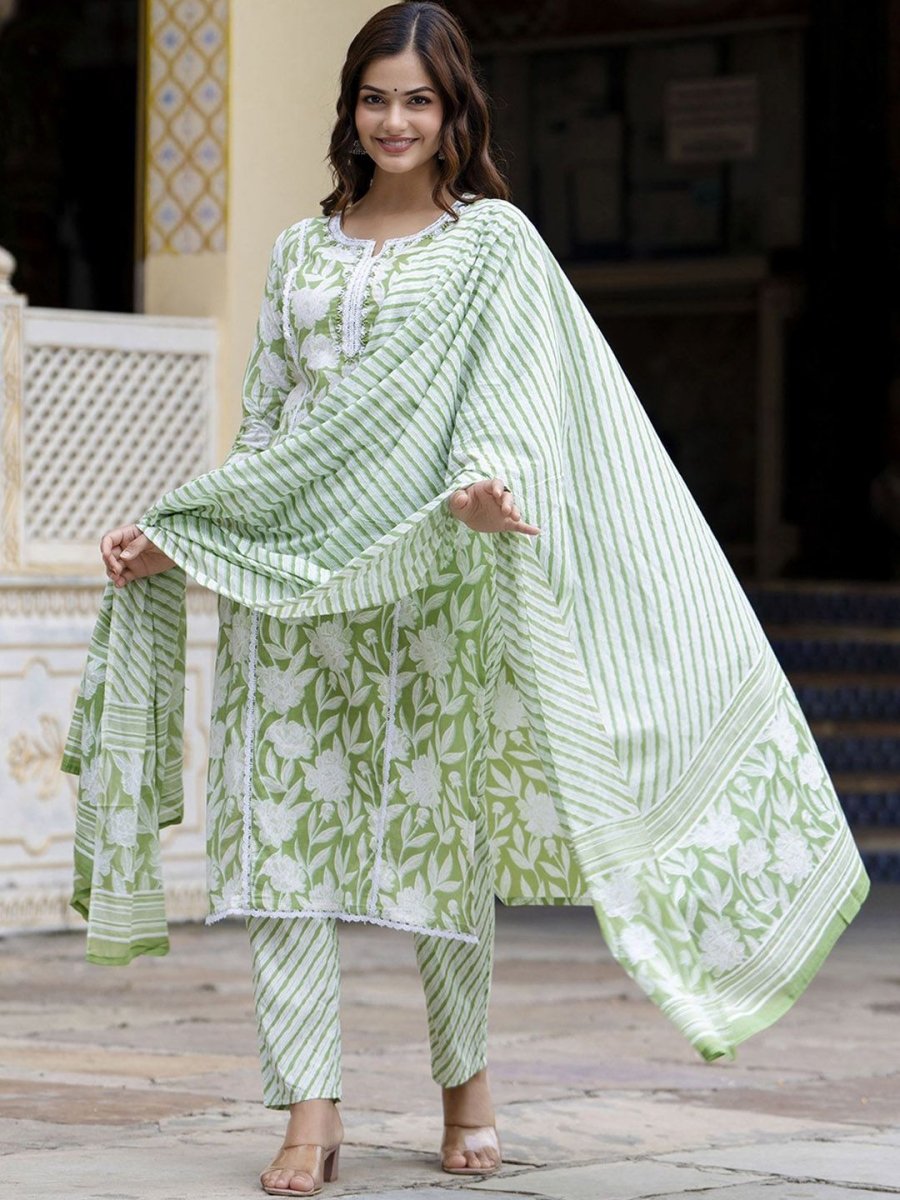 Anouk Floral Embroidered Regular Pure Cotton Straight Kurta with Trouser & Dupatta