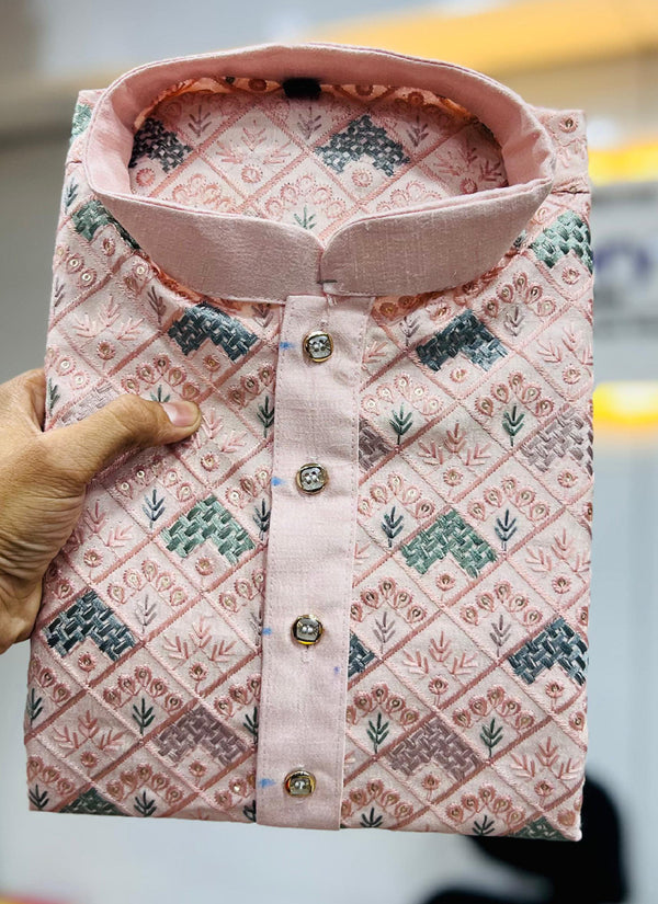 Prazu Fashion Baby Pink Italian Silk Embroidered Kurta With Pajama