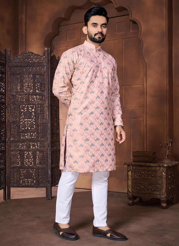 Prazu Fashion Baby Pink Italian Silk Embroidered Kurta With Pajama