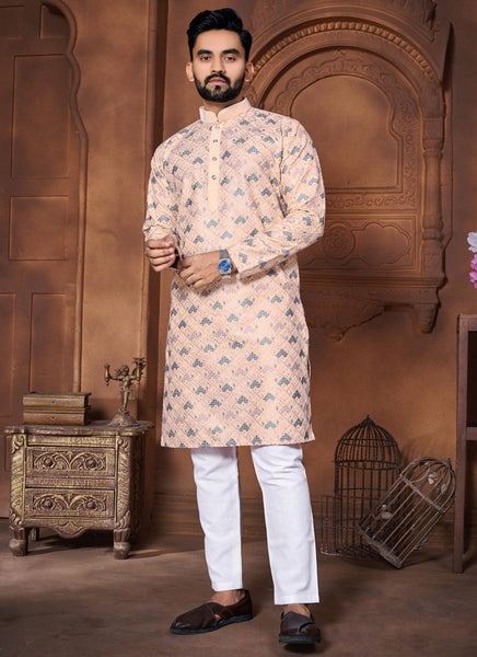 Prazu Fashion Cream Italian Silk Embroidered Kurta With Pajama