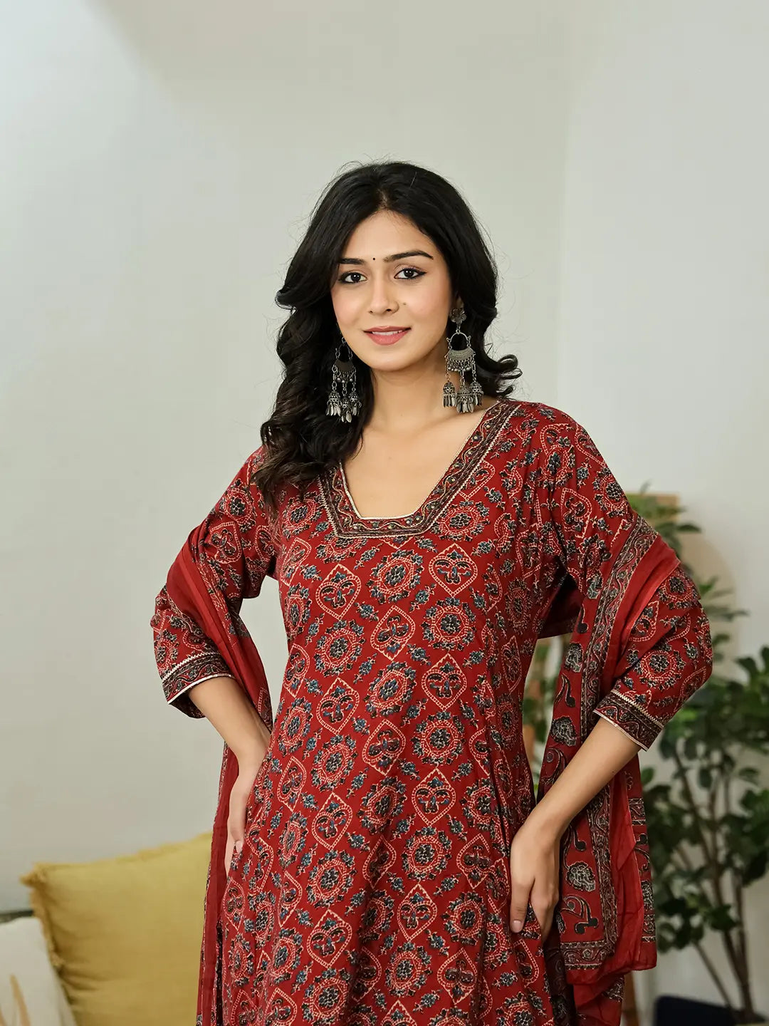 Yufta Maroon Ethnic Motifs A-Line Kurta Trouser Dupatta Set With Bucket Neck - Distacart