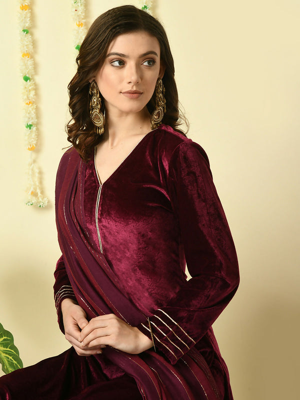Myshka Women's Magenta Velvet Kurta & Trousers With Dupatta Party Sets - Distacart