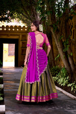 Thumbnail for Evanik Mehendi South-style Kanchipuram silk lehenga With Unstitched Blouse & Dupatta