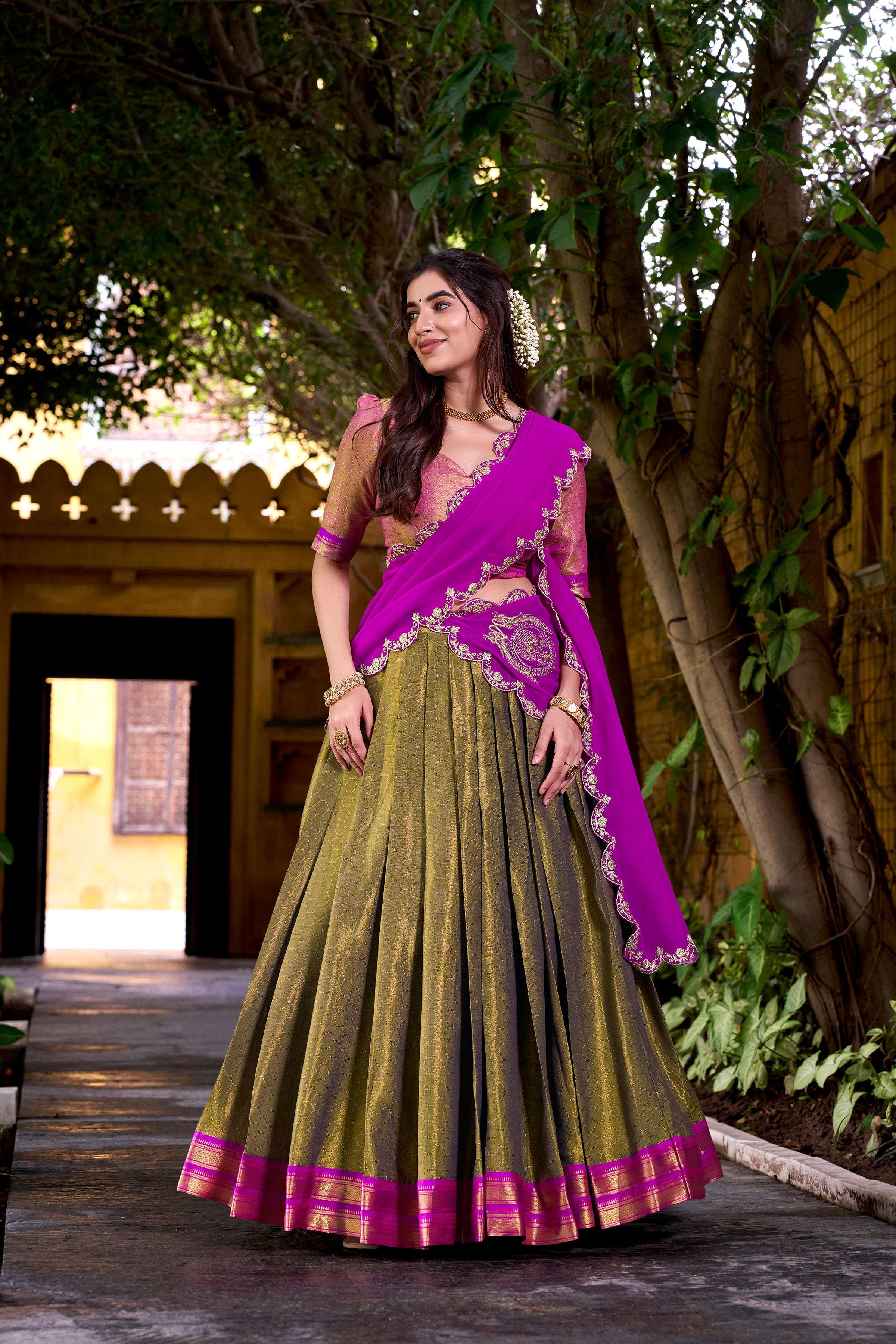 Evanik Mehendi South-style Kanchipuram silk lehenga With Unstitched Blouse & Dupatta
