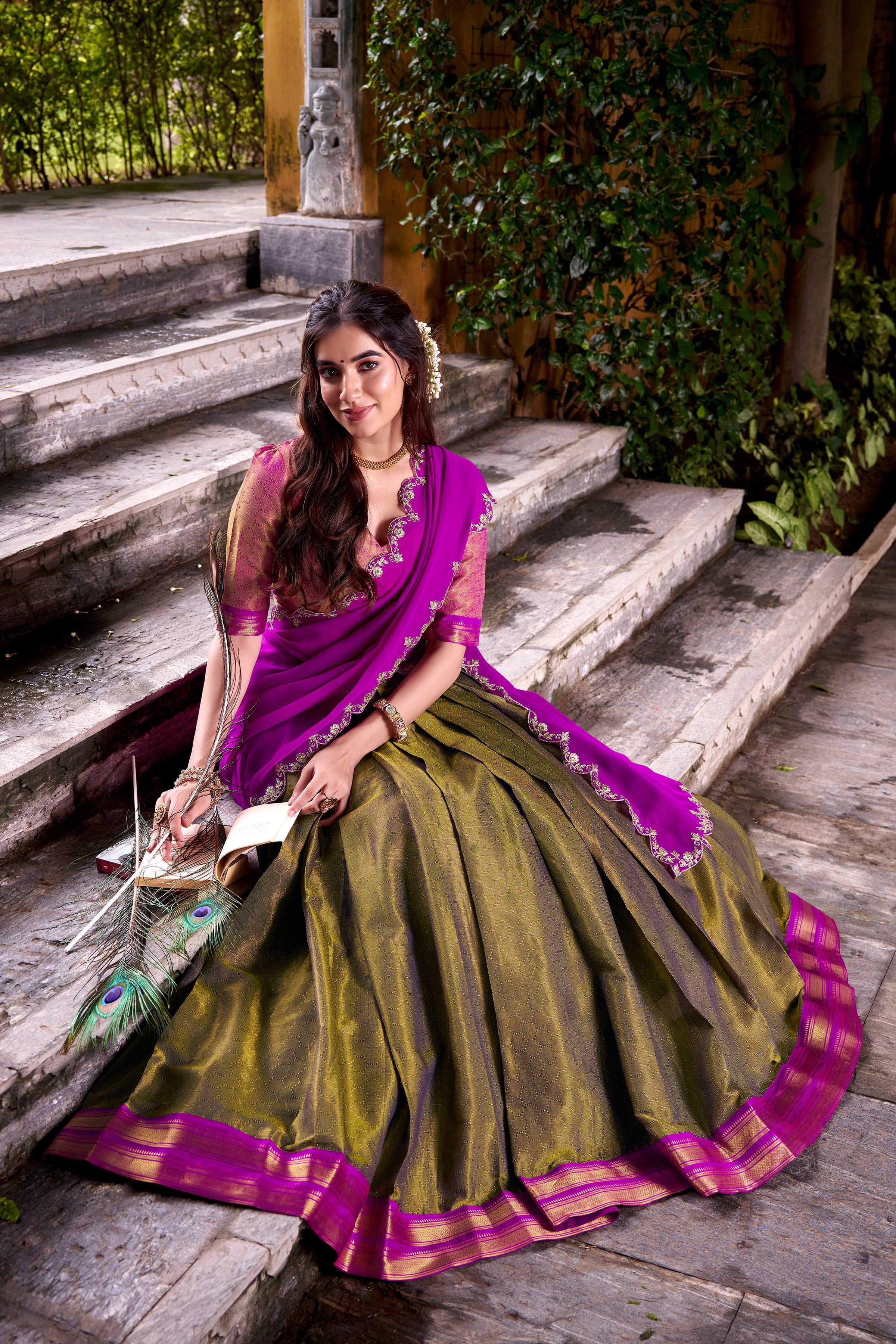 Evanik Mehendi South-style Kanchipuram silk lehenga With Unstitched Blouse & Dupatta