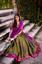 Thumbnail for Evanik Mehendi South-style Kanchipuram silk lehenga With Unstitched Blouse & Dupatta