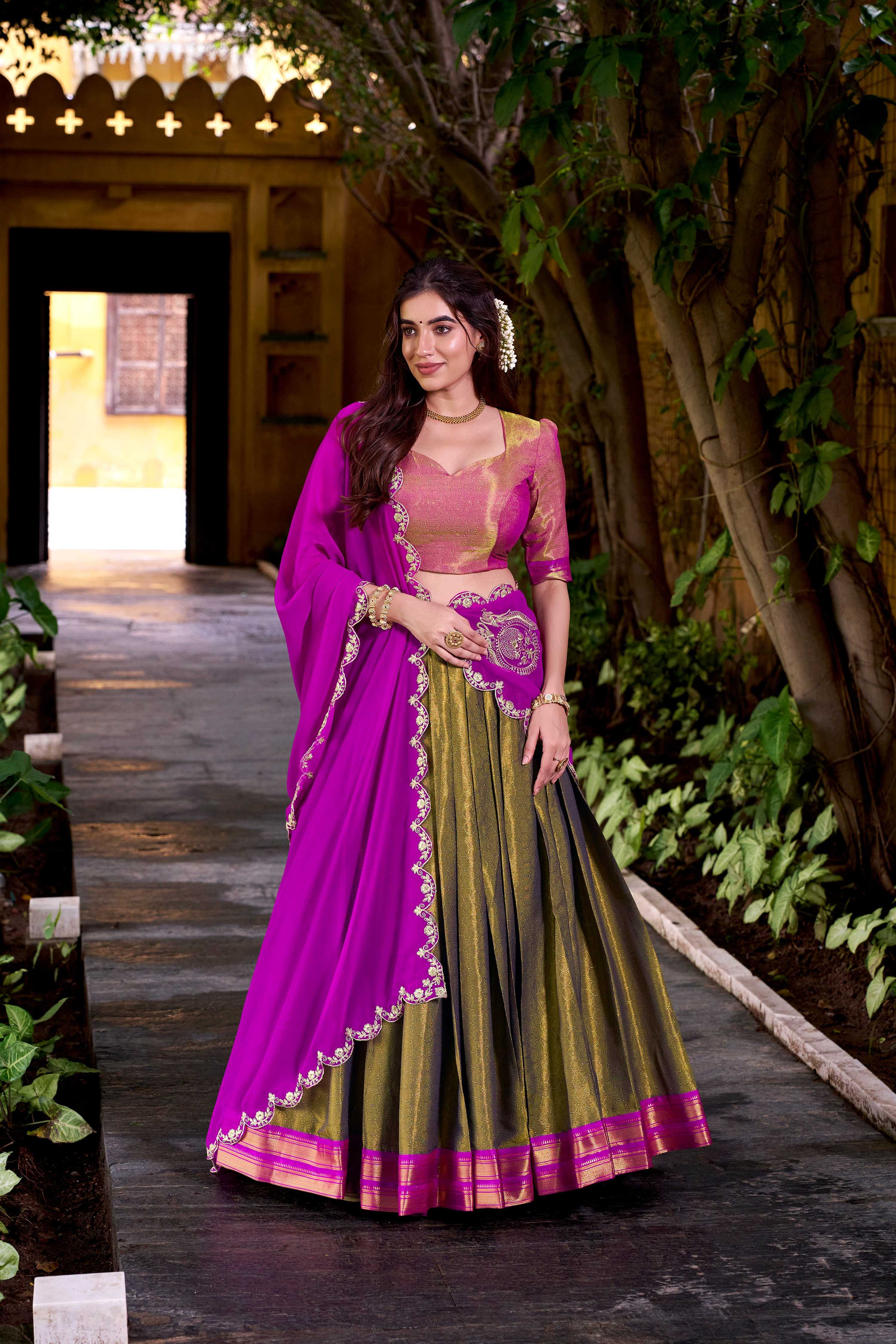 Evanik Mehendi South-style Kanchipuram silk lehenga With Unstitched Blouse & Dupatta
