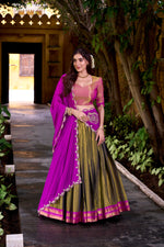 Thumbnail for Evanik Mehendi South-style Kanchipuram silk lehenga With Unstitched Blouse & Dupatta