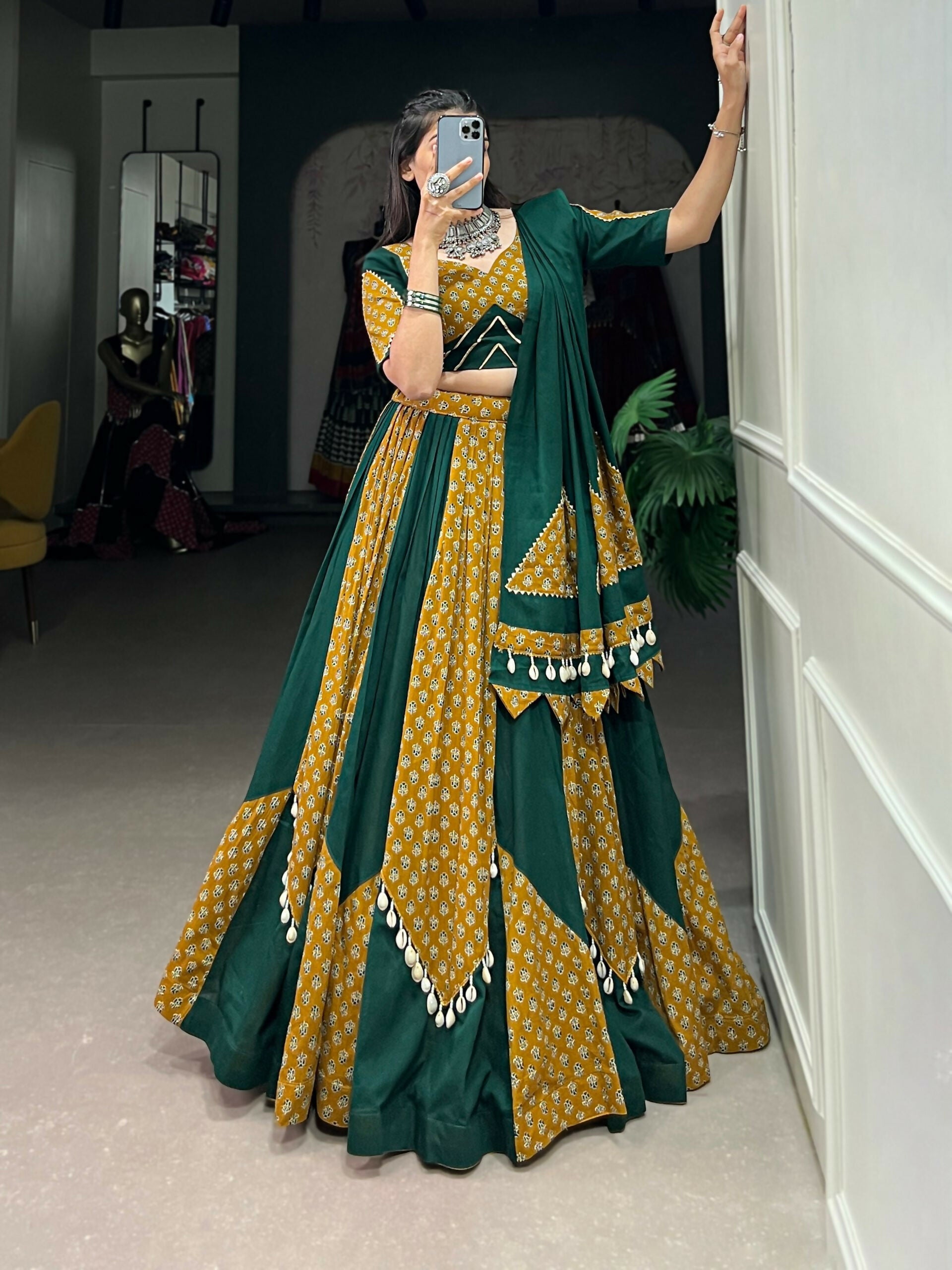 Vastranavya Navaratri Special Pure Cotton Printed With Cowrie (Kodi) Lace Touch Up Lehenga with Stitched Blouse - Green - Distacart