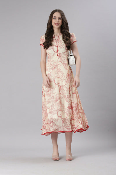Souchii Floral Tiered Midi Dress For Women – Elegant Beige Button-Front A-Line