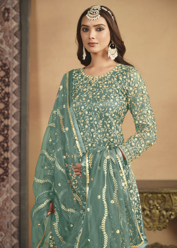 Net Mint Green Embroidered Festive Gharara Style Suit - Emponline - Distacart