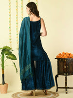 Thumbnail for Myshka Women's Teal Velvet Kurti & Sharara With Dupatta Party Sets - Distacart