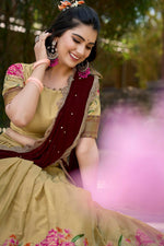 Thumbnail for Vastranavya Stunning Cotton Silk Thread Embroidery Work Lehenga Choli - Cream - Distacart