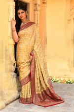 Thumbnail for Joban Fashion Yellow Crepe Chiffon Pure Handloom Banarasi Silk Saree