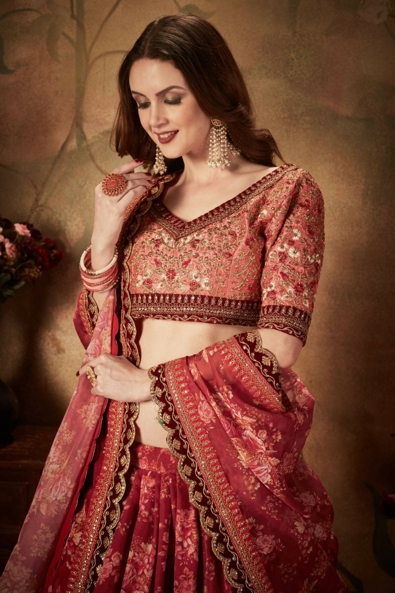 Aastha Fashion Women's Stunning Maroon Floral Print Organza Silk Wedding Lehenga Choli With Peach Blouse - Distacart