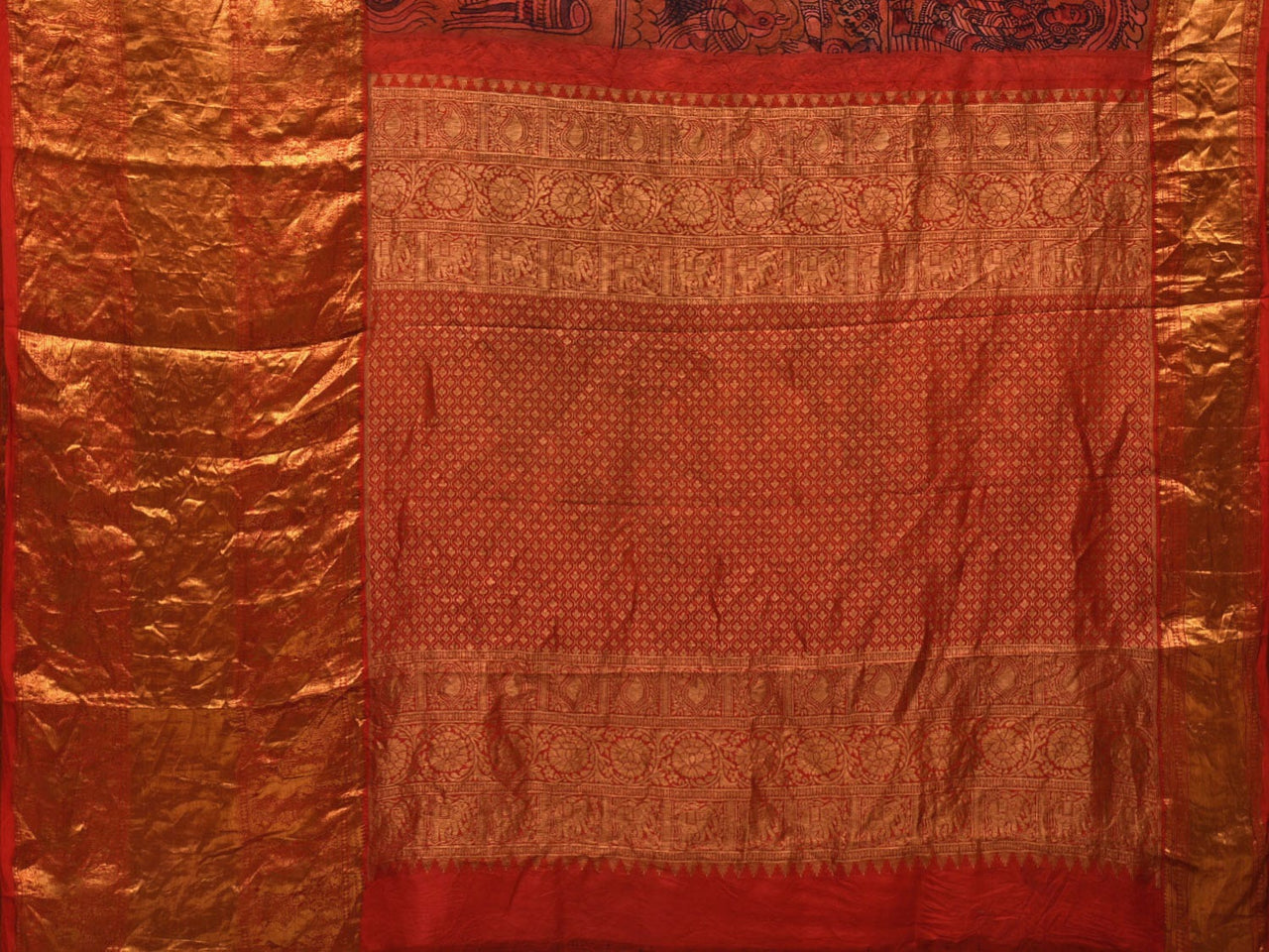 Multicolor Kalamkari Hand Painted Kanchipuram Silk Handloom Saree with Ramayana Design - Global Threads - Distacart